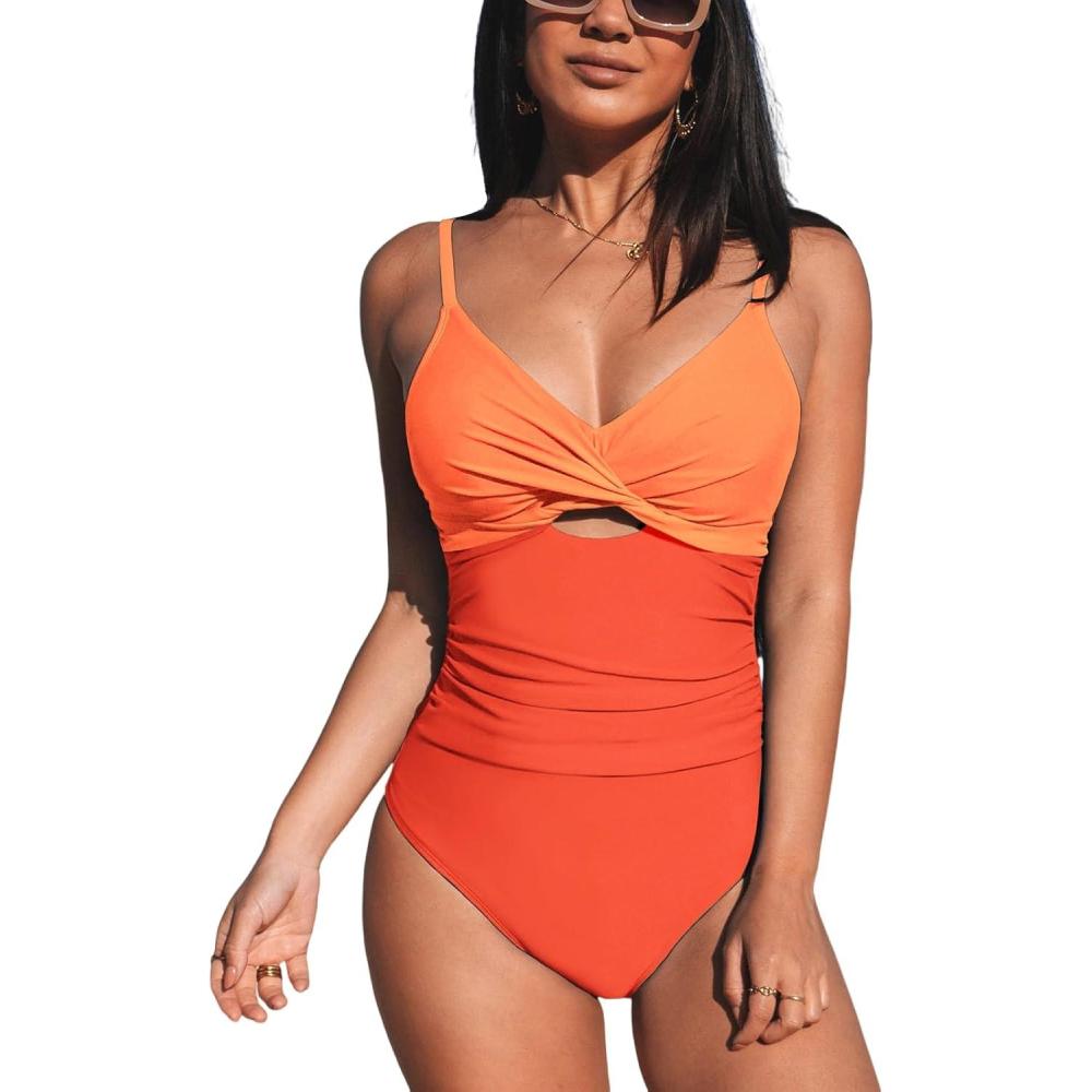 imageCUPSHE One Piece Swimsuit for Women Bathing Suits Twist Front Cutout Adjustable Straps Ruched SwimwearOrange Color Block
