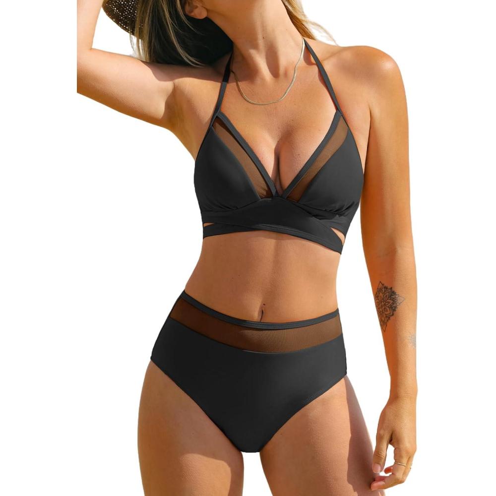 imageCUPSHE Womens Bikini Sets Halter V Neck Self Tied Straps Bathing Suit High Rise Mesh Edge Light SupportBlack