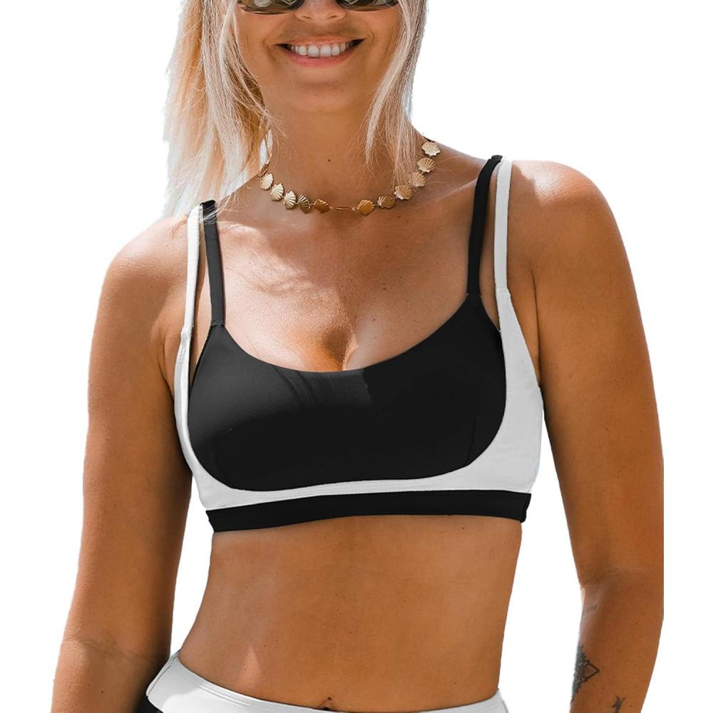 imageCUPSHE Womens Bikini Top Only Scoop Neck Bathing Suit Top Color Block Adjustable StrapsBlackWhite