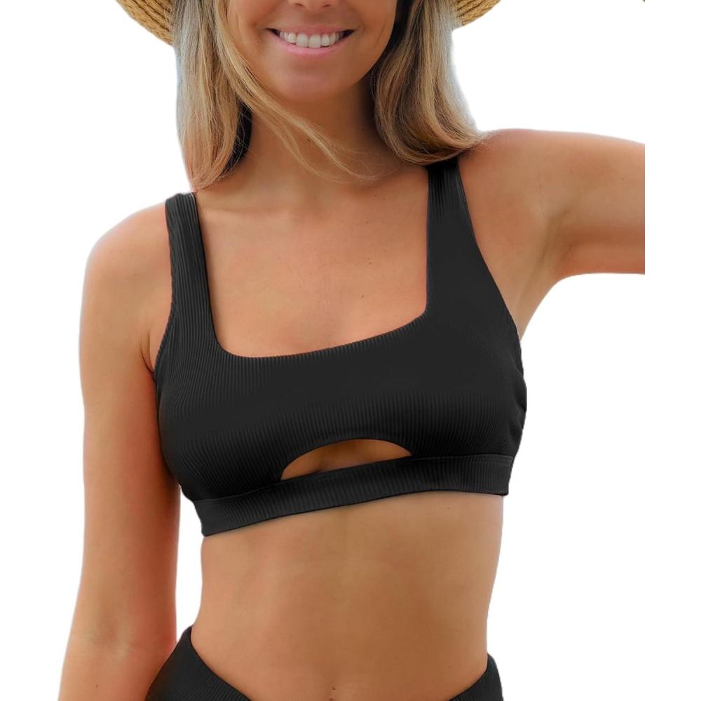 imageCUPSHE Womens Bikini Top Swimsuit Only Sporty Square Neck Bathing Suit Cutout Adjustable Straps Back Hook RibbedBlack