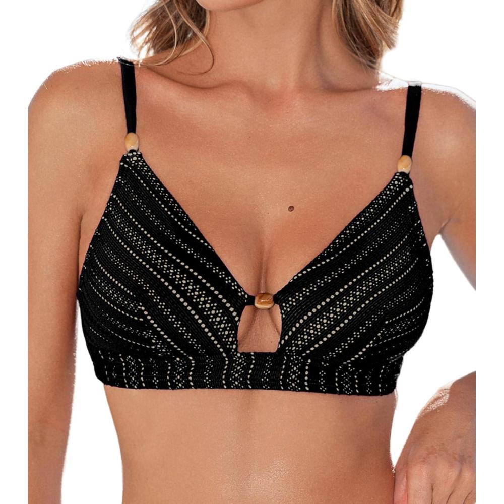 imageCUPSHE Womens Bikini Top Swimsuit Only V Neck Textured Bathing Suit Back Hook Adjustable Straps BeadingBlack