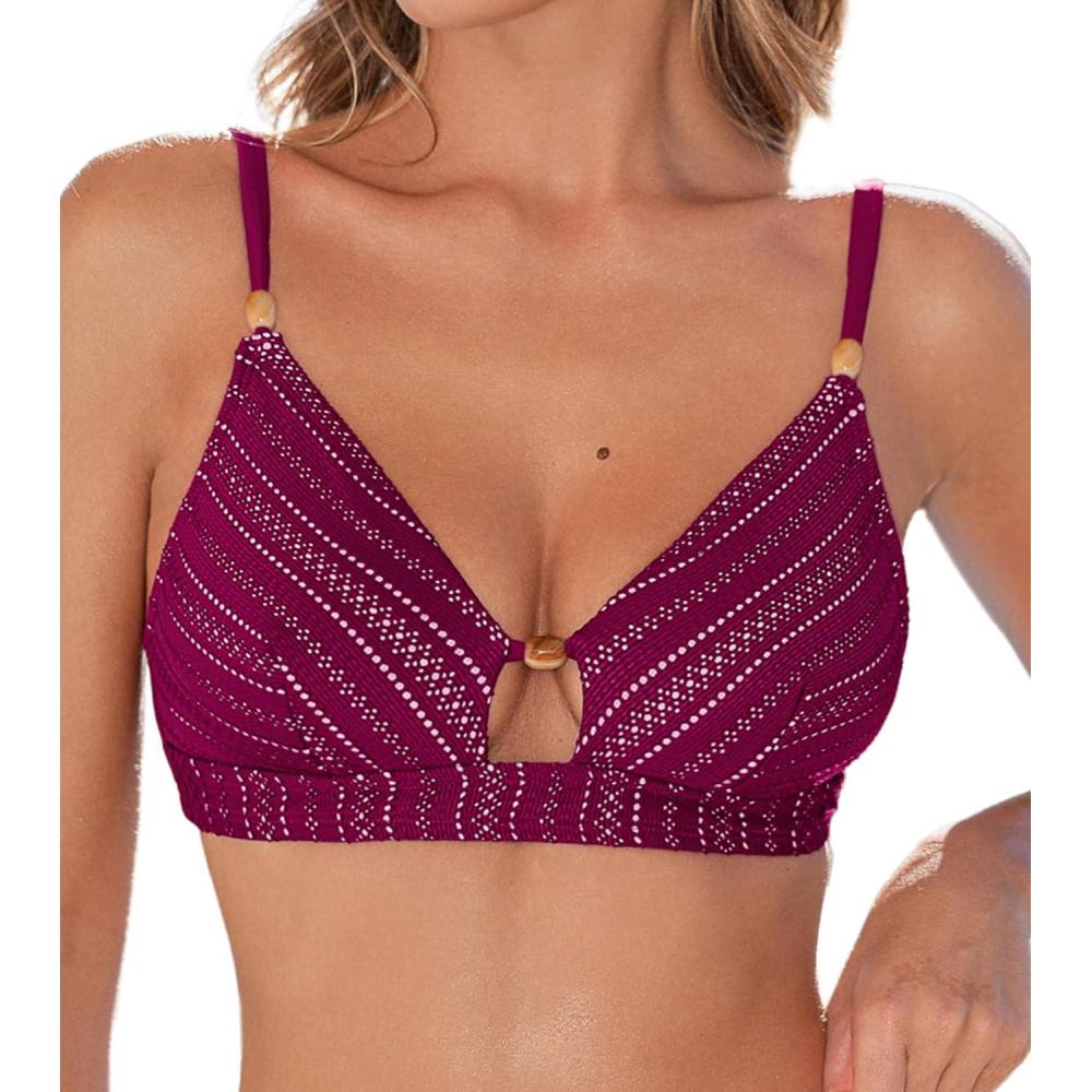 imageCUPSHE Womens Bikini Top Swimsuit Only V Neck Textured Bathing Suit Back Hook Adjustable Straps BeadingPurple Red