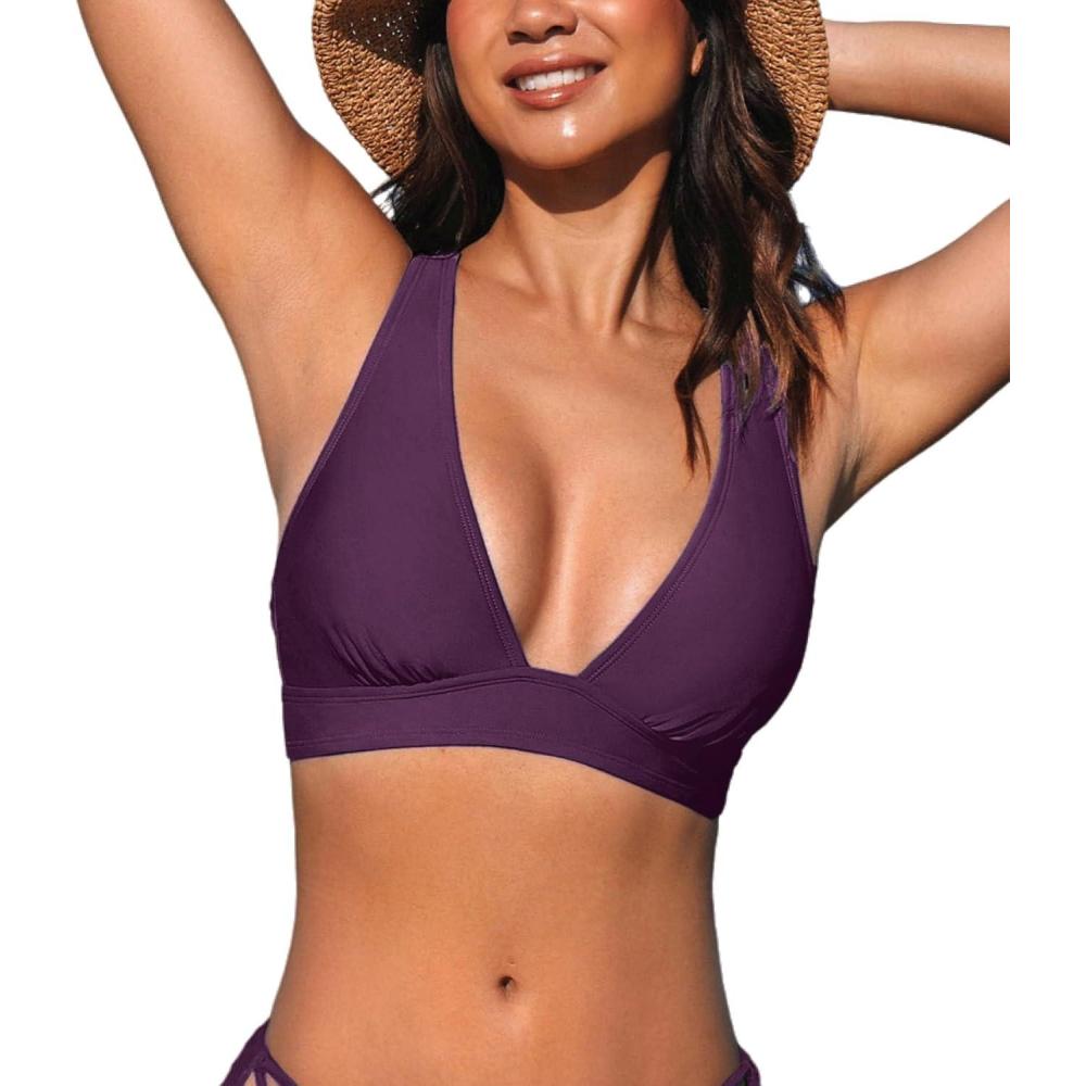 imageCUPSHE Womens Bikini Top V Neck Triangle Top Wide Straps Cross Back Lace upGrape Purple