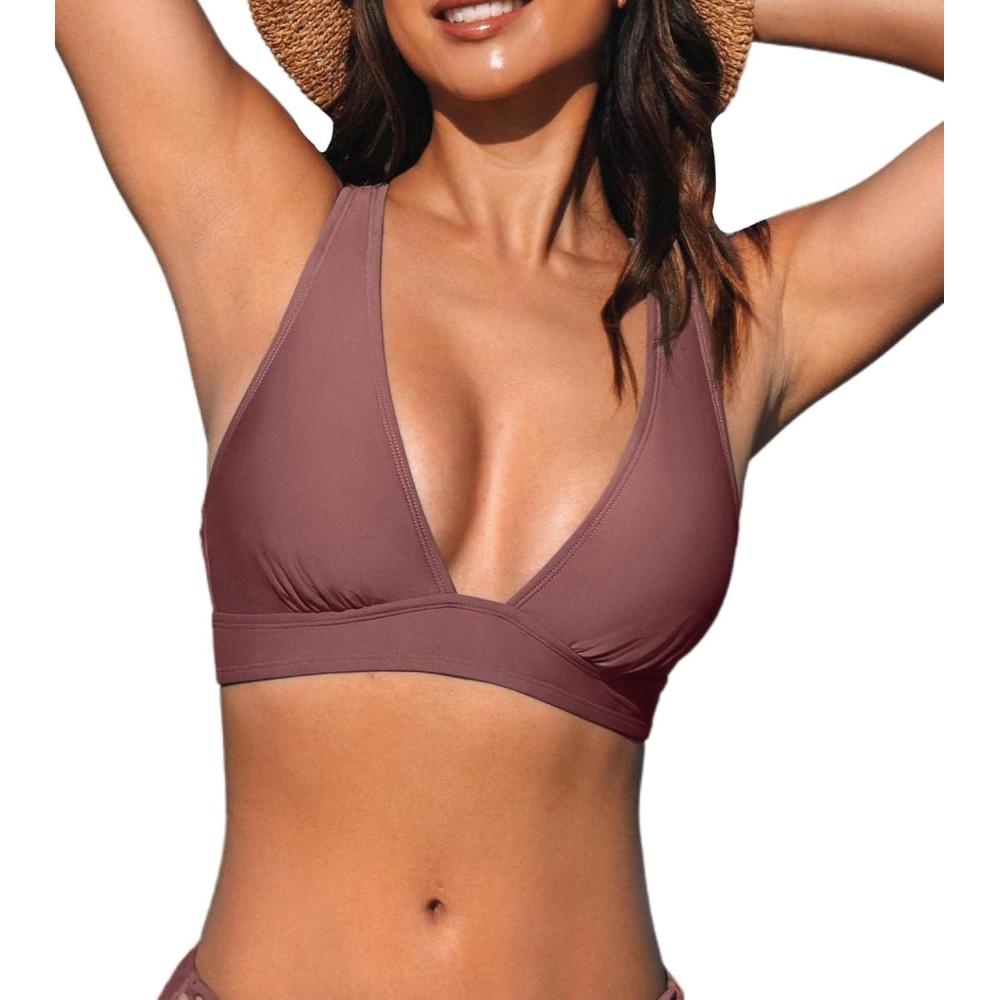 imageCUPSHE Womens Bikini Top V Neck Triangle Top Wide Straps Cross Back Lace upPale Mauve