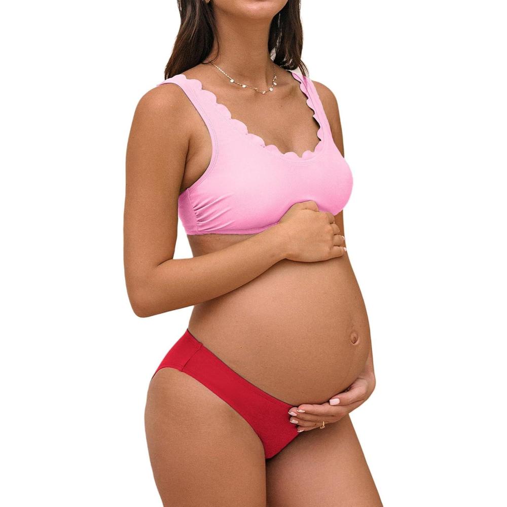imageCUPSHE Womens Maternity Bikini Sets Pregnancy Swimsuit Low Rise Scalloped Scoop Neck Adjustable Straps Back HookPinkRed