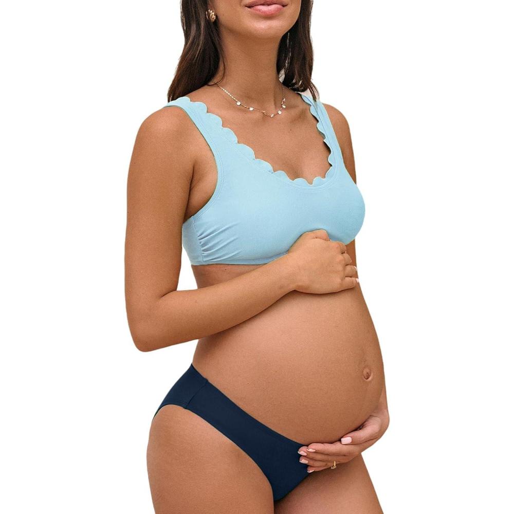 imageCUPSHE Womens Maternity Bikini Sets Pregnancy Swimsuit Low Rise Scalloped Scoop Neck Adjustable Straps Back HookSky BlueNavy