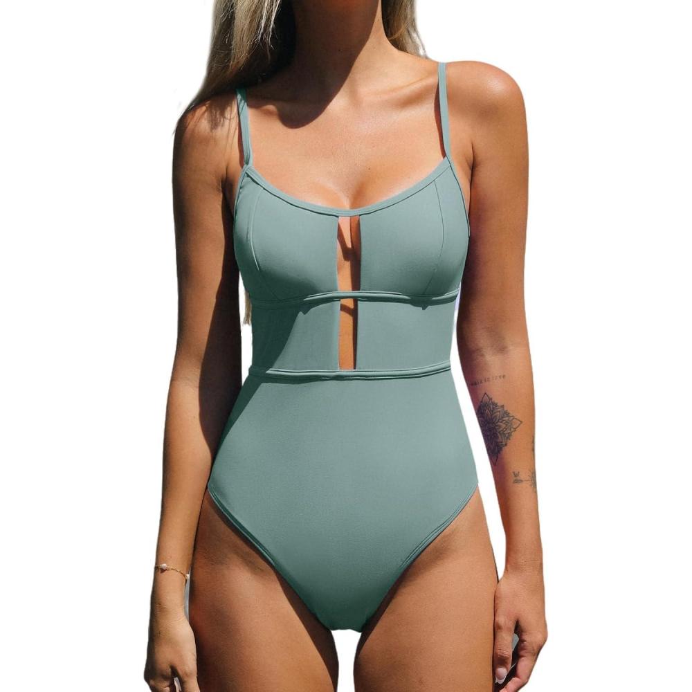 imageCUPSHE Womens One Piece Swimsuit Scoop Neck Adjustable Straps Cutout Back Self Tie Bathing SuitLight Green