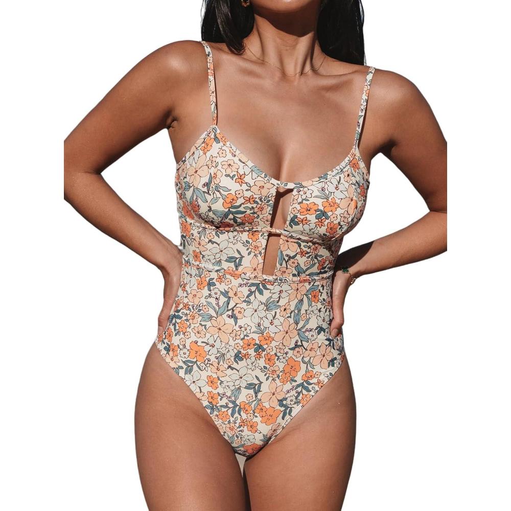 imageCUPSHE Womens One Piece Swimsuit Scoop Neck Adjustable Straps Cutout Back Self Tie Bathing SuitYellowDitsy Floral