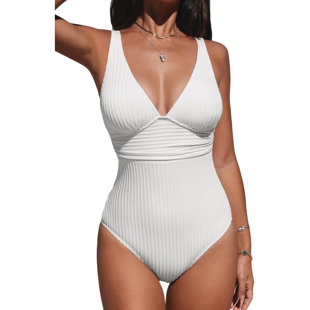 imageCUPSHE Womens One Piece Swimsuit Wide Straps V Neck Ruched Textured Ribbed Twist BackWhite