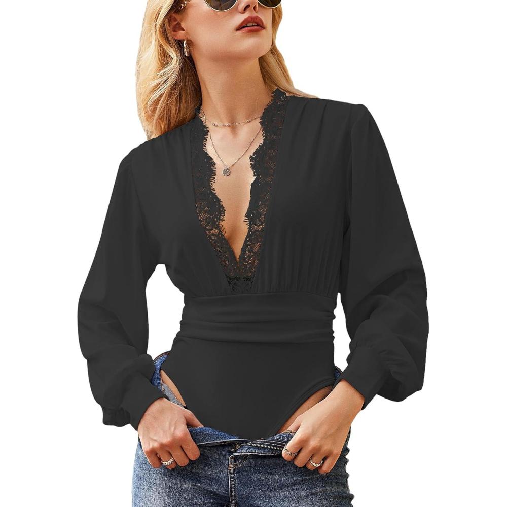 imageCUPSHE Womens Plunge Vneck Lace Trim Long Sleeve Bodysuit Party Shirred Bottoming Blouse TopsBlack