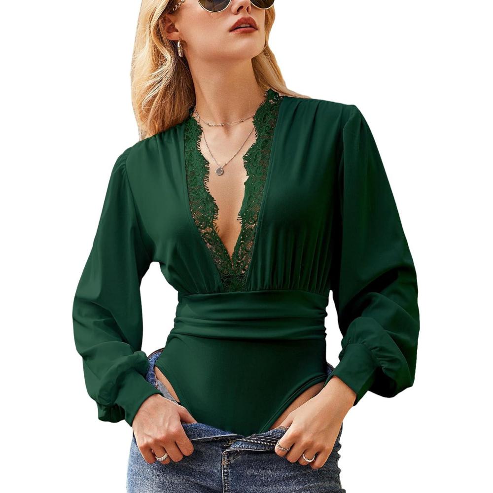 imageCUPSHE Womens Plunge Vneck Lace Trim Long Sleeve Bodysuit Party Shirred Bottoming Blouse TopsGreen