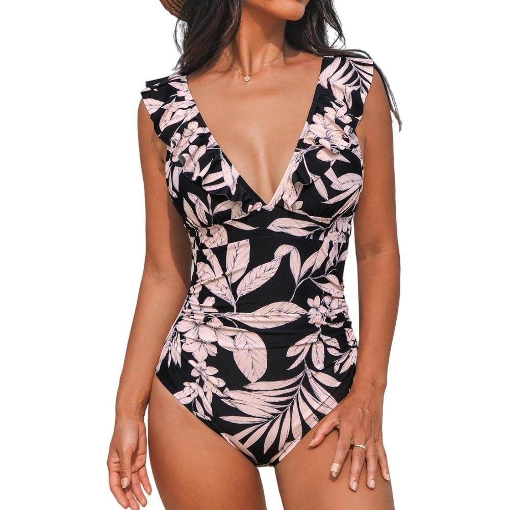 imageCUPSHE Womens Ruffled One Piece Swimsuit V Neck Lace UpBlackLight Pink Floral