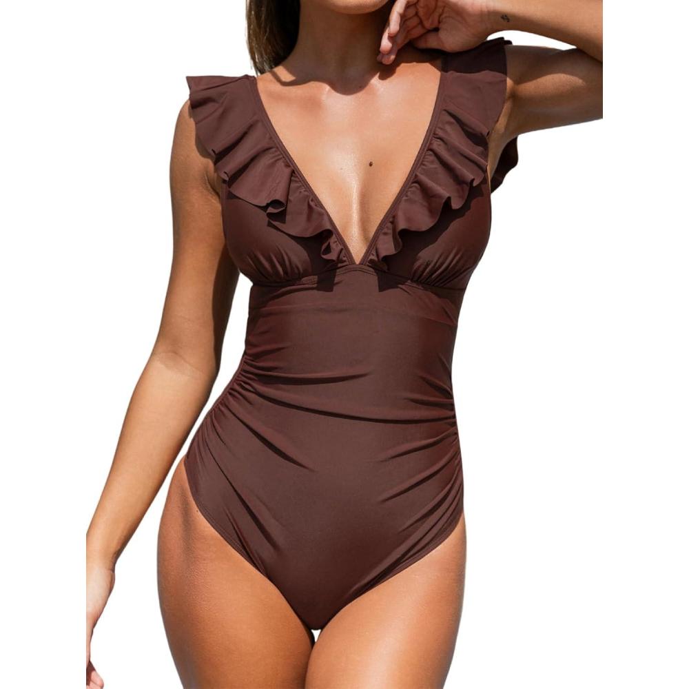 imageCUPSHE Womens Ruffled One Piece Swimsuit V Neck Lace UpChocolate Brown