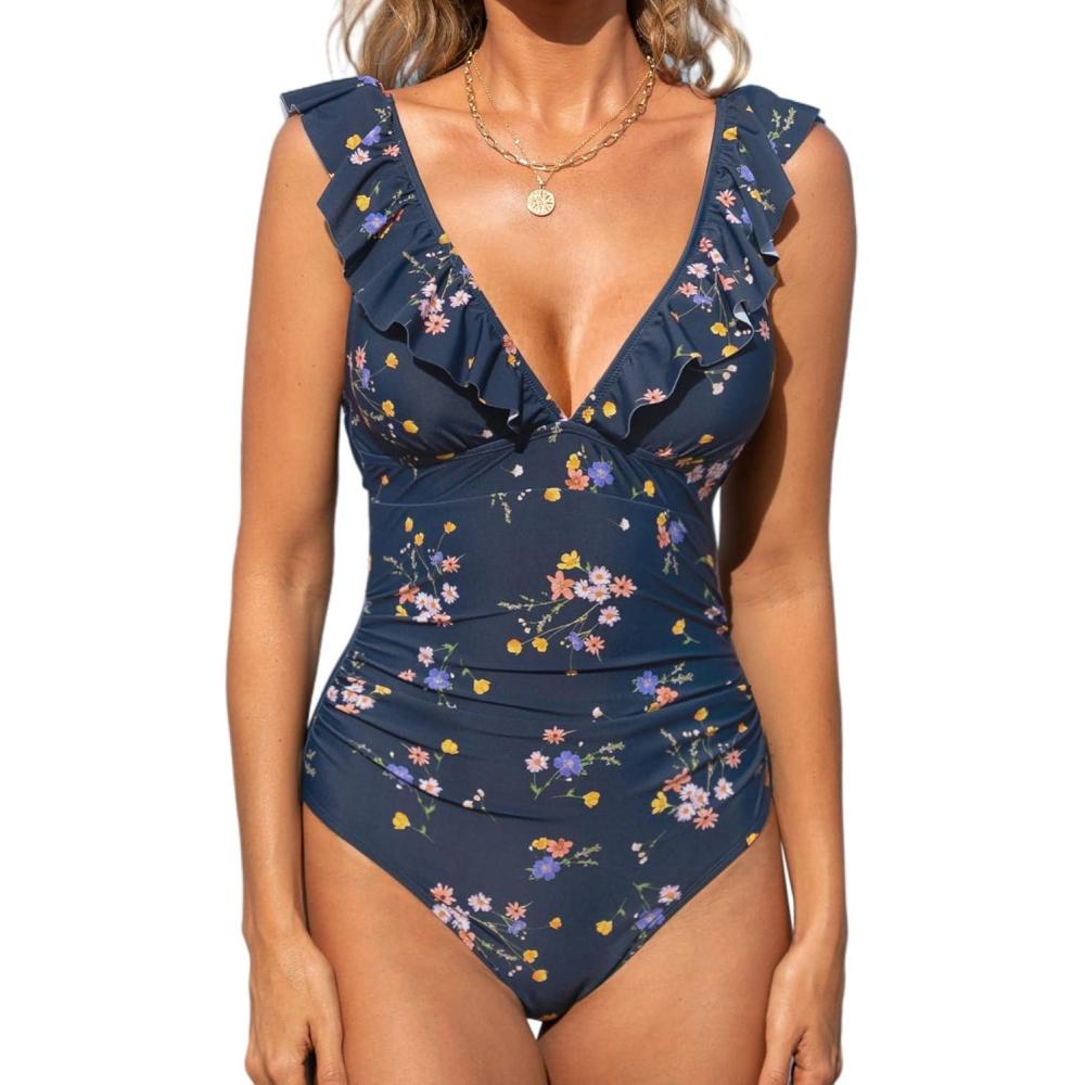 imageCUPSHE Womens Ruffled One Piece Swimsuit V Neck Lace UpDenim Blue Floral