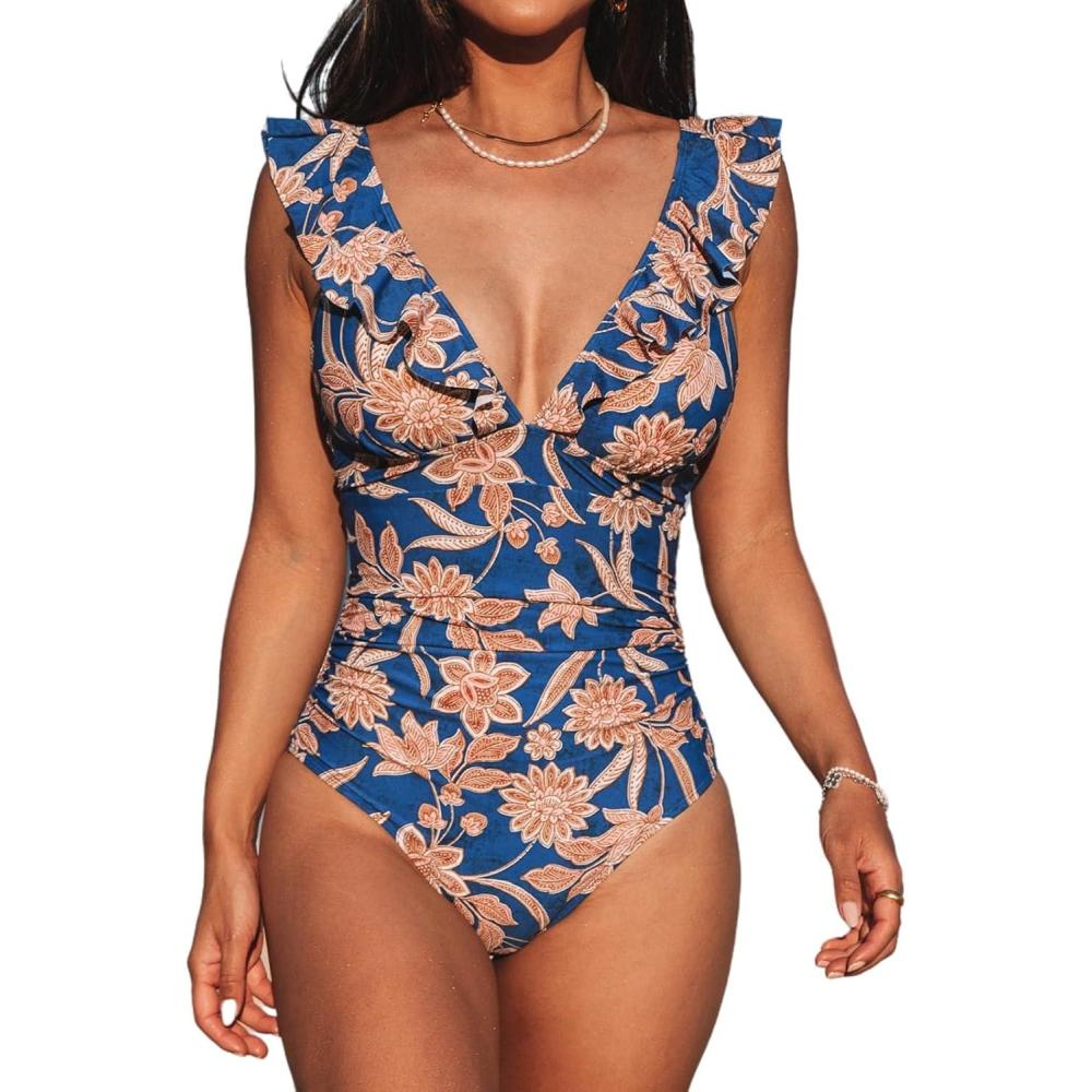 imageCUPSHE Womens Ruffled One Piece Swimsuit V Neck Lace UpNavy Paisley Print
