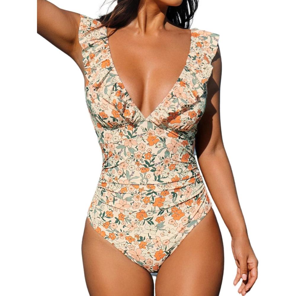 imageCUPSHE Womens Ruffled One Piece Swimsuit V Neck Lace UpOrange Ditsy Print