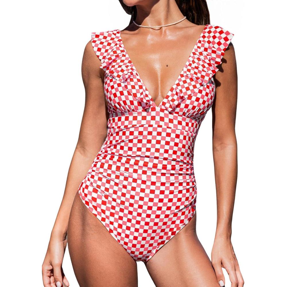 imageCUPSHE Womens Ruffled One Piece Swimsuit V Neck Lace UpRed Pink Gingham