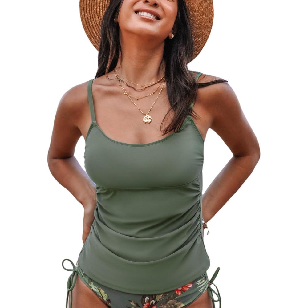 imageCUPSHE Womens Tankini Top Scoop Neck Swimsuit Tummy Control Swimwear Top Only Ruched Bathing Suit TopEucalyptus Green