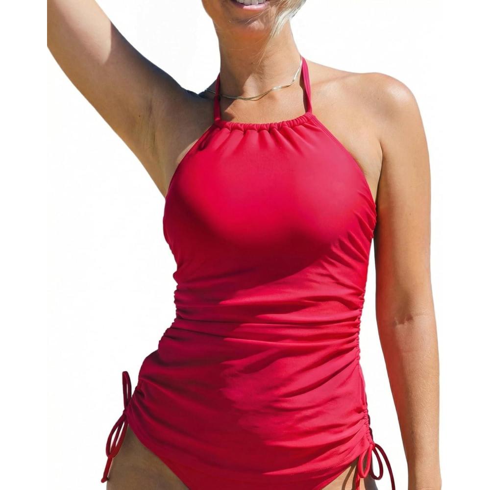 imageCUPSHE Womens Tankini Top Swimsuit Tummy Control Swim Top Only High Neck Halter Tie Drawstring Bathing Suit TopTrue Red
