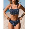 CUPSHE Bikini Set for Women Two Piece Swimsuit Bandeau Top Back Tie Mid Waisted Bottom with Removable Shoulder Straps(Navy Floral)
