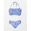 CUPSHE Bikini Set for Women Two Piece Swimsuit Bandeau Top Back Tie Mid Waisted Bottom with Removable Shoulder Straps(Purple Blue Floral)