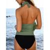 CUPSHE Tankini Bathing Suit for Women Halter Deep V Cowl Neck Low Back Swimsuit(Eucalyptus Green/Black)