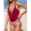 CUPSHE Tankini Bathing Suit for Women Halter Deep V Cowl Neck Low Back Swimsuit(Red/Floral)