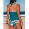 CUPSHE Tankini Bathing Suit for Women Halter Deep V Cowl Neck Low Back Swimsuit(Teal Blue/Tropical)