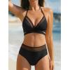 CUPSHE Women’s Bikini Sets Halter V Neck Self Tied Straps Bathing Suit High Rise Mesh Edge Light Support(Black)