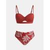 CUPSHE Women’s Bikini Sets Sweetheart Neck Two Piece Bathing Suit Cutout Textured Adjustable Straps Mid Rise Bottom(Brick Red/Tropical)
