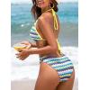 CUPSHE Women’s Bikini Sets Two Piece Bathing Suit Halter Plunging Neck Open Back, Low Rise High Cut Cheeky Bottom(Yellow/Blue Stripe)
