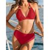 CUPSHE Women’s Bikini Sets Two Piece Swimsuit Halter Tie Bathing Suit Mid Rise V Neck Ruching Adjustable Straps(Red)