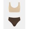 CUPSHE Women’s Maternity Bikini Sets Pregnancy Swimsuit Low Rise Scalloped Scoop Neck Adjustable Straps Back Hook(Beige/Brown)