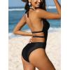 CUPSHE Women’s One Piece Swimsuit Bathing Suit Deep V Neck Halter Back Tie Mesh Swimwear(Black)