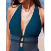 CUPSHE Women’s One Piece Swimsuit Bathing Suit Deep V Neck Halter Back Tie Mesh Swimwear(Blue)