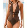 CUPSHE Women’s One Piece Swimsuit Bathing Suit Deep V Neck Halter Back Tie Mesh Swimwear(Brown)