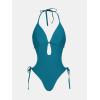 CUPSHE Women’s One Piece Swimsuit Bathing Suit Halter Cutout Pluning Neck Backless Self Tie Textured(Dark Teal Blue)