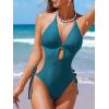 CUPSHE Women’s One Piece Swimsuit Bathing Suit Halter Cutout Pluning Neck Backless Self Tie Textured(Dark Teal Blue)