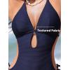 CUPSHE Women’s One Piece Swimsuit Bathing Suit Halter Cutout Pluning Neck Backless Self Tie Textured(Navy Blue)