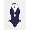 CUPSHE Women’s One Piece Swimsuit Bathing Suit Halter Cutout Pluning Neck Backless Self Tie Textured(Navy Blue)