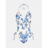 CUPSHE Women’s One Piece Swimsuit Bathing Suit Halter Cutout Pluning Neck Backless Self Tie Textured(White/Blue Floral)