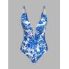 CUPSHE Women’s One Piece Swimsuit Deep V Wire Push Up Bathing Suit Tummy Control Retro Slimming Swimwear Ruched(White/Blue Paisley)
