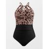 CUPSHE Women’s One Piece Swimsuit High Neck Tummy Control Swimwear Bathing Suit(Black/Leopard Print)