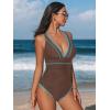 CUPSHE Women’s One Piece Swimsuit V Neck Shell Stitched Bathing Suit Adjustable Crisscross Strappy Ruched Swimwear(Brown/Teal)