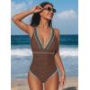 CUPSHE Women’s One Piece Swimsuit V Neck Shell Stitched Bathing Suit Adjustable Crisscross Strappy Ruched Swimwear(Brown/Teal)