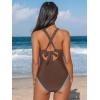 CUPSHE Women’s One Piece Swimsuit V Neck Shell Stitched Bathing Suit Adjustable Crisscross Strappy Ruched Swimwear(Brown/Teal)