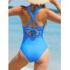 CUPSHE Women’s One Piece Swimsuit V Neck Shell Stitched Bathing Suit Adjustable Crisscross Strappy Ruched Swimwear(Sky Blue)