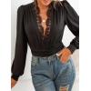 CUPSHE Women’s Plunge V-neck Lace Trim Long Sleeve Bodysuit Party Shirred Bottoming Blouse Tops(Black)