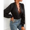 CUPSHE Women’s Plunge V-neck Lace Trim Long Sleeve Bodysuit Party Shirred Bottoming Blouse Tops(Black)