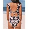 CUPSHE Women’s Ruffled One Piece Swimsuit V Neck Lace Up(Black/Light Pink Floral)